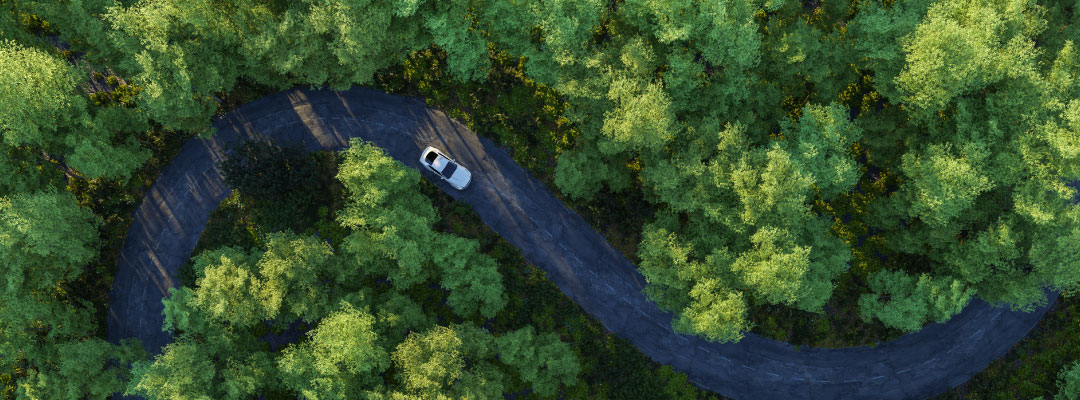 Overhead view of a car driving on a road. 
